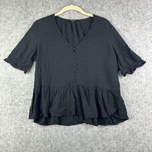 Madewell Top Womens Large Black Courtyard Ruffle Hem Peplum Blouse Button Shirt